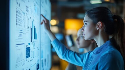 A young woman analyzes various charts and graphs on a digital screen in an office setting, while another person observes nearby