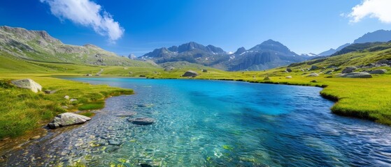  A river runs through a verdant valley, surrounded by lush green grass and towering mountains