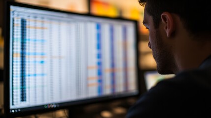 A young man focuses intently on complex data displayed on his computer screen in a contemporary office setting during the evening