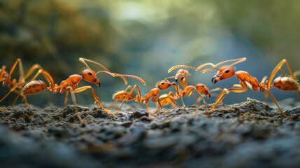 Fototapeta premium Close-up of cooperative ants forming a chain