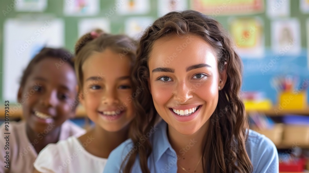 Poster a teacher is helping two smiling students in a colorful classroom environment, fostering a supportiv