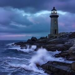 Obraz premium A lone lighthouse is standing tall on a rocky coastline, with waves crashing against the rocks at dusk.