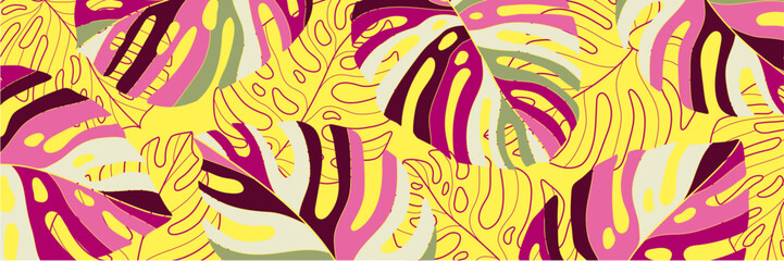 tropical monstera leaf banner header background wallpaper social media cover head vibrant colorful illustration texture graphic design art yellow pink green leaves exotic summer palm beach hawaii 