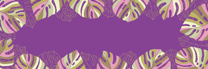 vibrant colorful monstera leaf tropical banner social media header border frame sign presentation template graphic design art vector outline collage purple background texture leaves title horizontal 