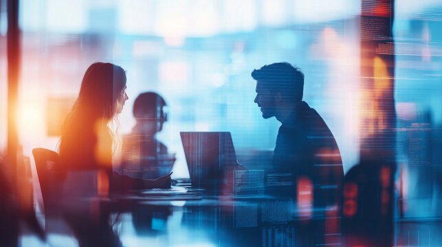 Two individuals converse across a table in an office, illuminated by city lights and a soft glow during early evening