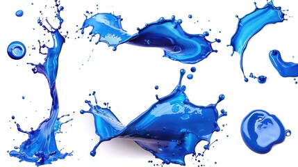 Collection of blue paint splashes, falling or melting with violet or dark blue drops and droplets, side and top view. Isolated on a transparent background. PNG