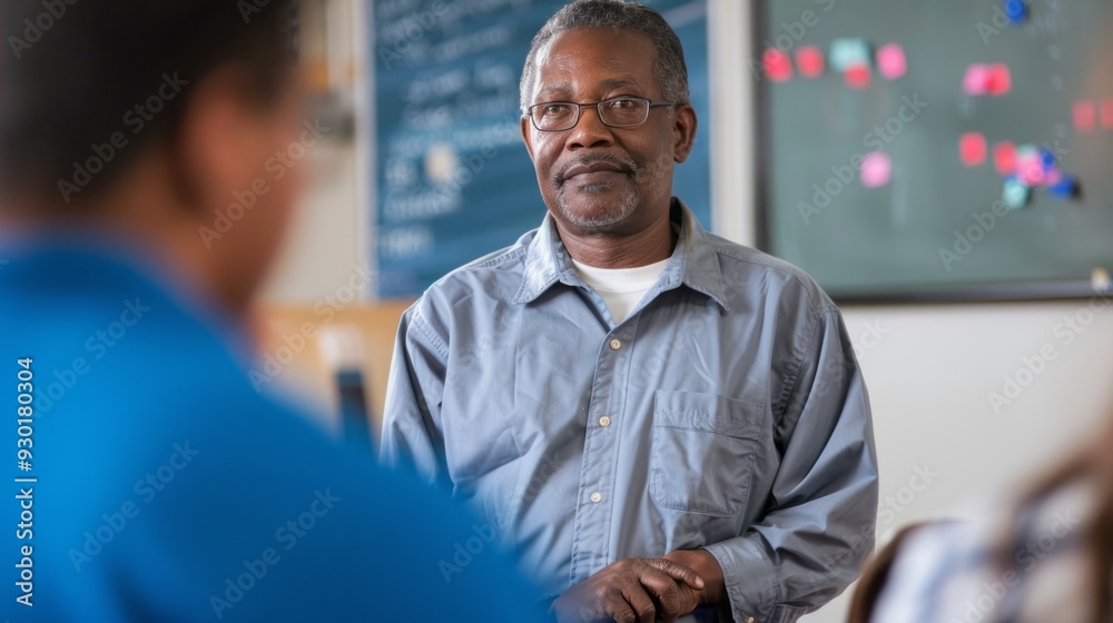 Poster a teacher stands in front of adult students, actively discussing course material and encouraging par