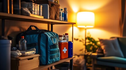 A family room with an emergency preparedness setup, warm lighting from a lamp highlighting a stocked emergency kit on a shelf, detailed view of first aid supplies, water, and a portable phone