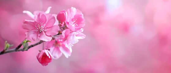  A pink flower, focused closely, atop a branch against a softly blurred backdrop of similarly hued blooms