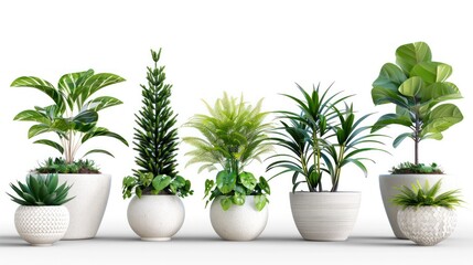 Fototapeta premium Collection of ornamental plants in white pots, isolated on a transparent background. PNG,