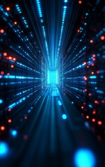 Naklejka premium A futuristic tunnel of light showcasing vibrant blue and red digital streams, symbolizing technology and data flow.
