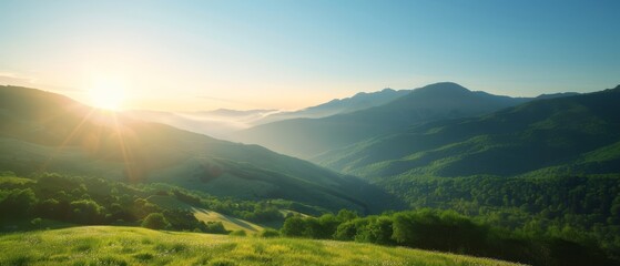  The sun shining brightly, mountains and valleys visible in the foreground, a grassy field up front