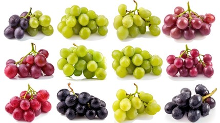 Collection set of green and red grapes isolated on white background.