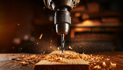 Extreme close-up of drilling wood in workshop with electric drill. Close-up of a drill bit drilling a wooden board with wood chips. Generative Ai.