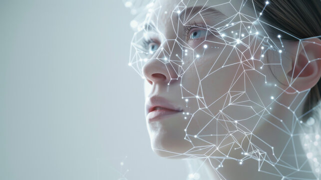 Close-up of a young woman's face with white glowing lines connected in a network on a white background. Concept of technology, analysis and development.