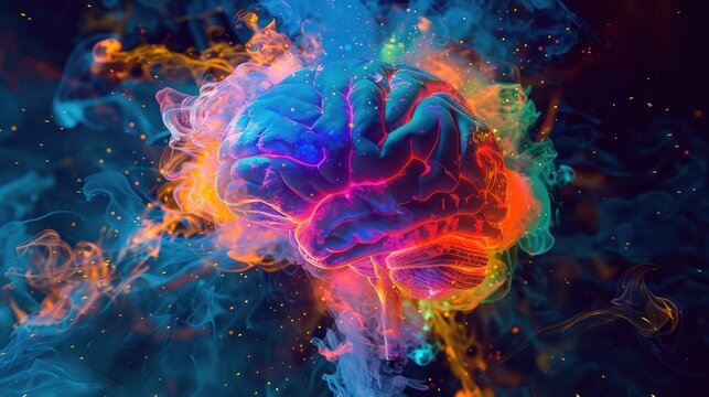 human brain exploding with knowledge, emotions, and creativity in generative glow