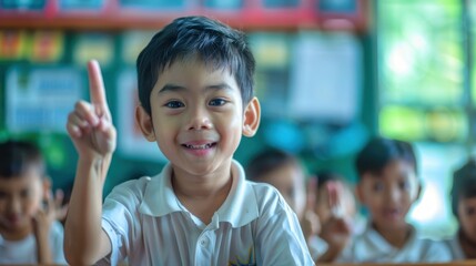 A young student enthusiastically raises his hand in a vibrant classroom filled with eager learners during a lively lesson