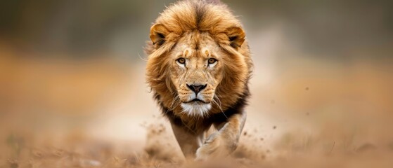Obraz premium A tight shot of a lion striding through a lush grassfield, mane flowing with the wind