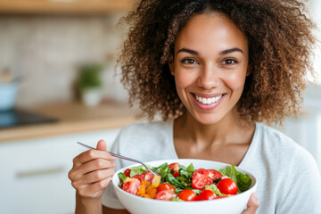 Smiling Woman Eating Fresh Vegan Salad