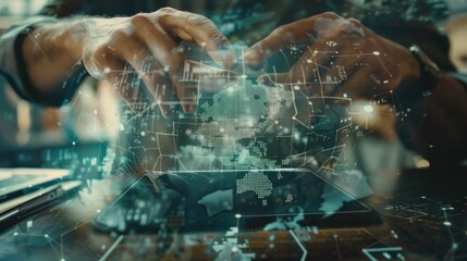 Communication concept ,Arrow theme ,Mobile phone network, communication and global networking technology, Multi exposure of man's hands holding and using a digital device and map drawing