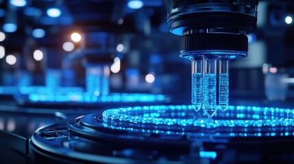 Advanced mRNA Vaccine Creation in Futuristic Laboratory Setting with LED Lighting and Metallic Equipment Close-Up