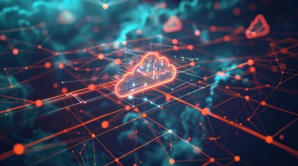 Concept digital technology network connection and cloud icon. Futuristic digital network with cloud technology icons and interconnected nodes. Smart city concept. internet of things. Modern tech