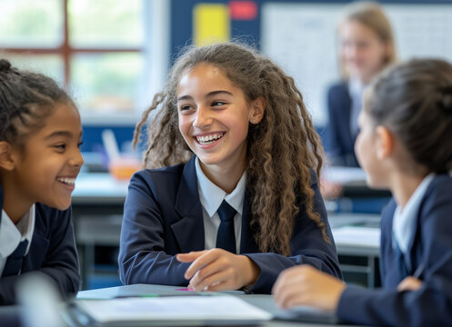 Group of happy multiethnic teenage students in school uniforms laughing and conversing together at desk in bright, modern classroom. Themes of friendship, diversity, education