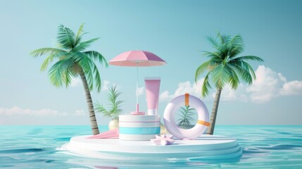 Fototapeta premium Concept of summer vacation abstract product display, mini realistic display podium at a tropical summer island, umbrella, inflatable ring in the blue ocean sea background. 3d rendering of cosmetics