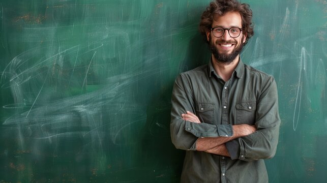 Confident male teacher or professor standing in front of green chalk board with folded arms smiling