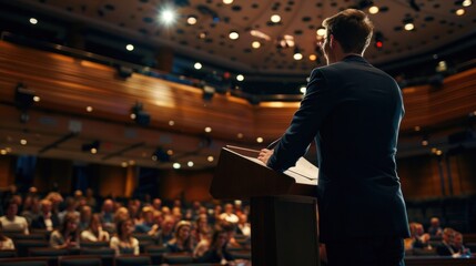 Confident presenter stands at a podium addressing an attentive audience in a spacious auditorium. Professional public speaking and engaging communication in a conference or lecture setting