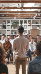 Fototapeta premium Engaging workshop in a cozy venue with participants focused on speaker at a leadership event