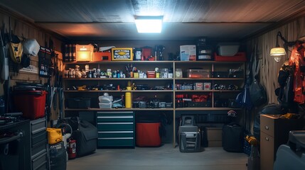 A garage setup for emergency preparedness, bright ceiling lights highlighting a well-organized shelf with flashlights, batteries, and emergency tools, efficient and ready-for-action setting,