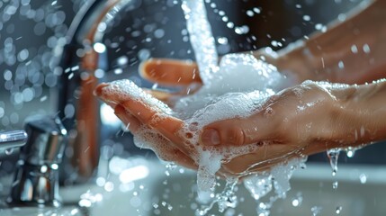 Hands scrubbing with soap under running water (selective focus, germ prevention, surreal, Composite, Kitchen sink)