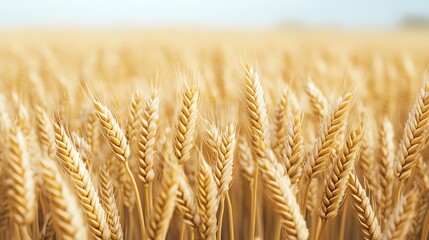 Fototapeta premium Golden wheat field ready for harvest under a clear blue sky. Nature's bounty captured in a serene agricultural landscape.
