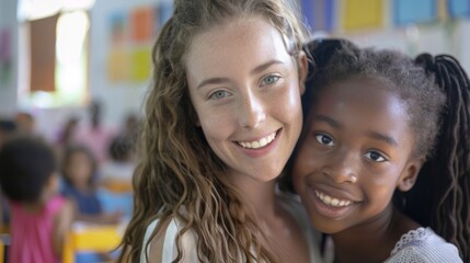 Obraz premium A cheerful teacher helps a happy student in a colorful classroom full of children during an afternoon learning activity
