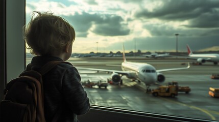 Child toddler boy at the airport looking at an airplane through a window Kid traveling Family vacation Holiday trip Tourism Passenger fly Backpack Departure or leaving country Transportation Childhood