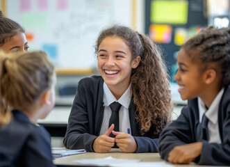Diverse group of students in school uniforms enjoying a lively conversation in a classroom. The bright, natural lighting emphasizes their joyful expressions, creating a warm and inclusive atmosphere