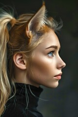 Fototapeta premium A young woman with cat-like features gazes thoughtfully in a dimly lit room, showcasing her unique hair and fur accents