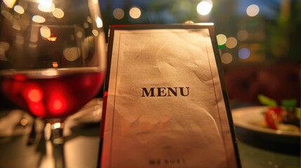 A beautifully set dining table with a menu, elegant ambiance, and delicious cuisine at a fine restaurant during an evening meal