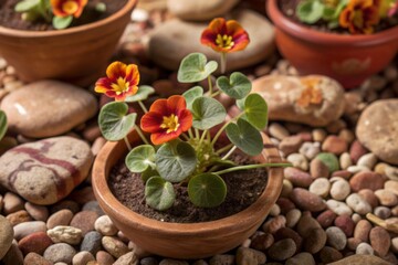 Delicate nasturtium seedlings sprout amidst vibrant decorative pebbles, miniature terra cotta pots, and rustic wooden accents in a whimsical, earthy still life arrangement.