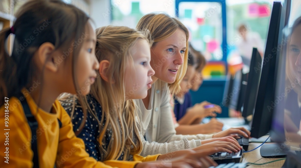 Poster A teacher assists young students as they work on computers in a classroom during a teaching session