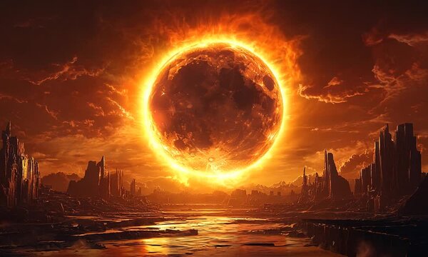 Fiery Celestial Orb Over a Desolate Landscape