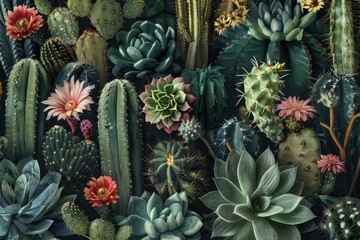 Obraz premium A detailed print of different types of cacti, highlighting their unique shapes, spines, and occasional flowers.