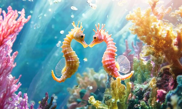 seahorse couple underwater between colorful corals