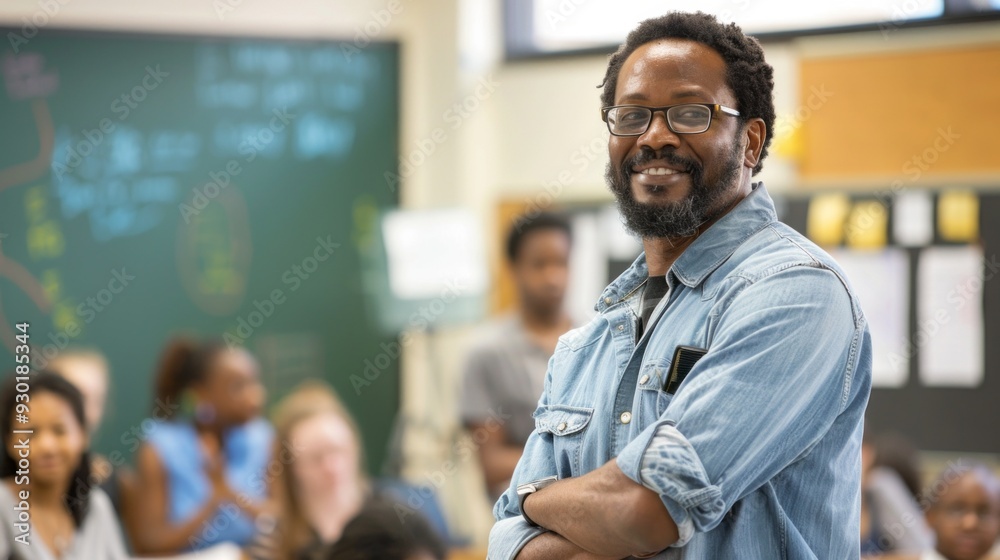 Poster An instructor stands confidently in front of attentive adult students during a learning session in a classroom