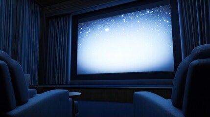 Fototapeta premium A cozy home cinema features plush armchairs, a large screen, and an LED panel depicting a starry sky, creating a perfect movie-watching atmosphere
