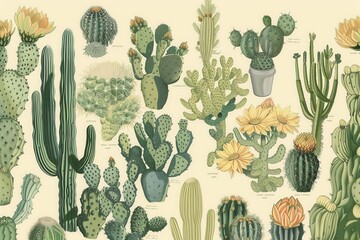 A detailed print of different types of cacti, highlighting their unique shapes, spines, and occasional flowers.