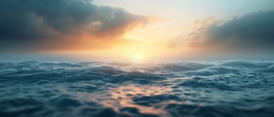 Obraz premium A sunset over a expansive water body, with the sun positioned centrally in the mid-sky, surrounded by clouds in the background