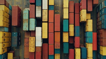 Fototapeta premium Overhead shot of shipping containers in various colors arranged neatly at a port, global trade.