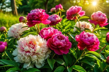 Fototapeta premium Vibrant pink and white peonies bloom amidst lush green foliage, surrounded by delicate petals and soft sunlight, in a serene and idyllic garden setting.